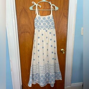 American Eagle white cotton embroidered floral summer maxi dress tie straps